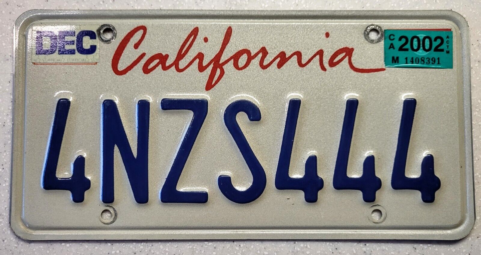 2002 California License Plate Tag # 4NZS444