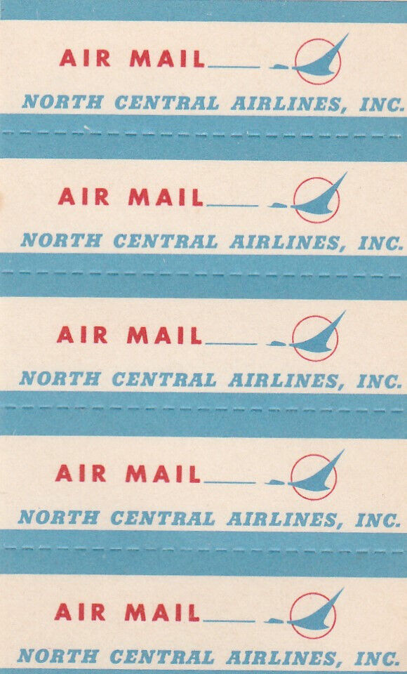 North Central Airlines US airline c1966 complete strip of 5 airmail labels