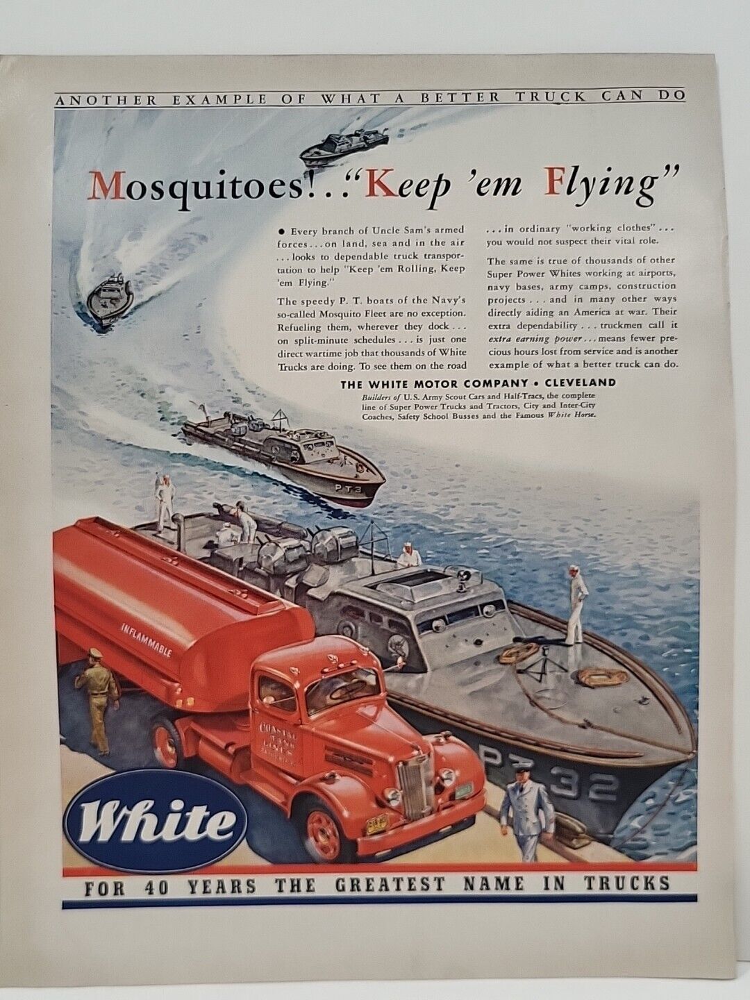 1942 White Motor Fortune WW2 Print Ad Q1 NAVY P. T.  Boat Mosquito Fleet Truck