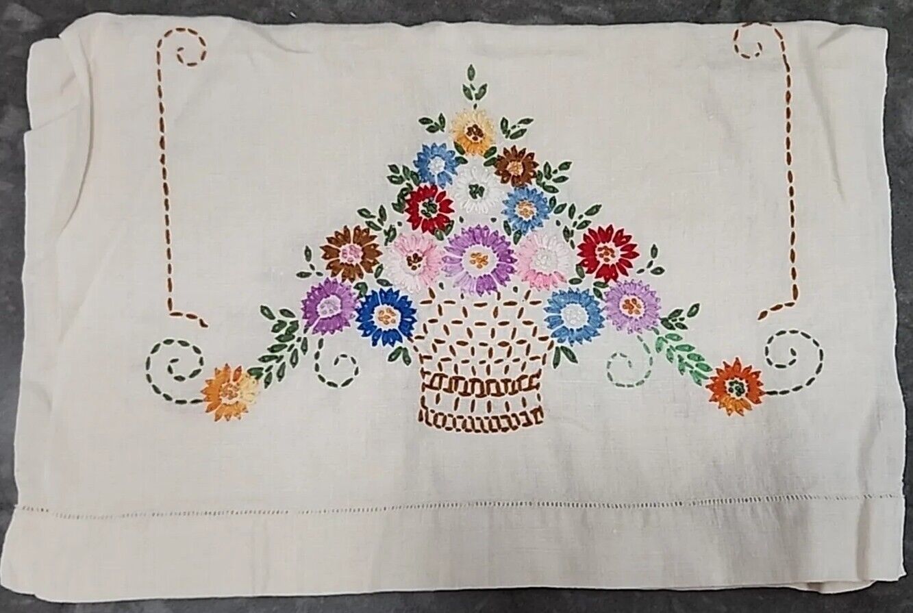 Vintage Hand Embroidered Floral Basket Linen Dresser Scarf / Table Scarf