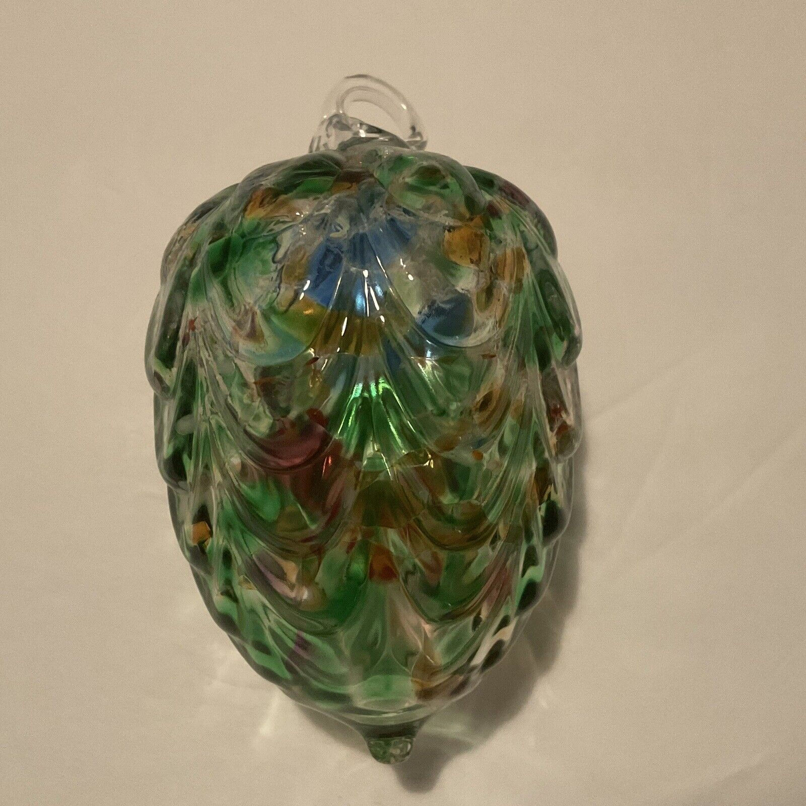 Handblown Art Glass Multicolored Green Ornament 4” Length Scalloped Pattern