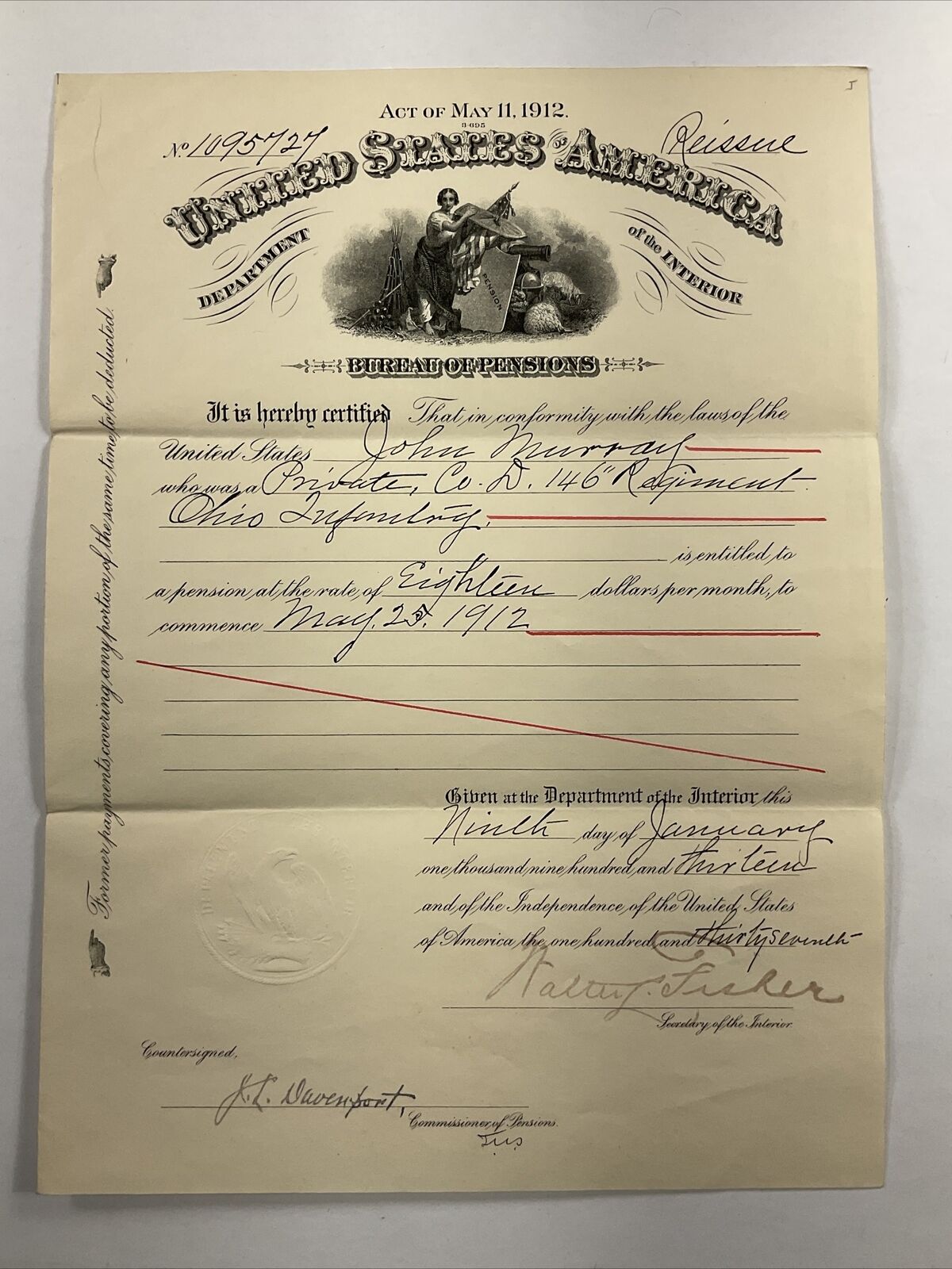 1913 Columbus, Ohio Bureau of Pensions US Army Company D 146 Regiment Document
