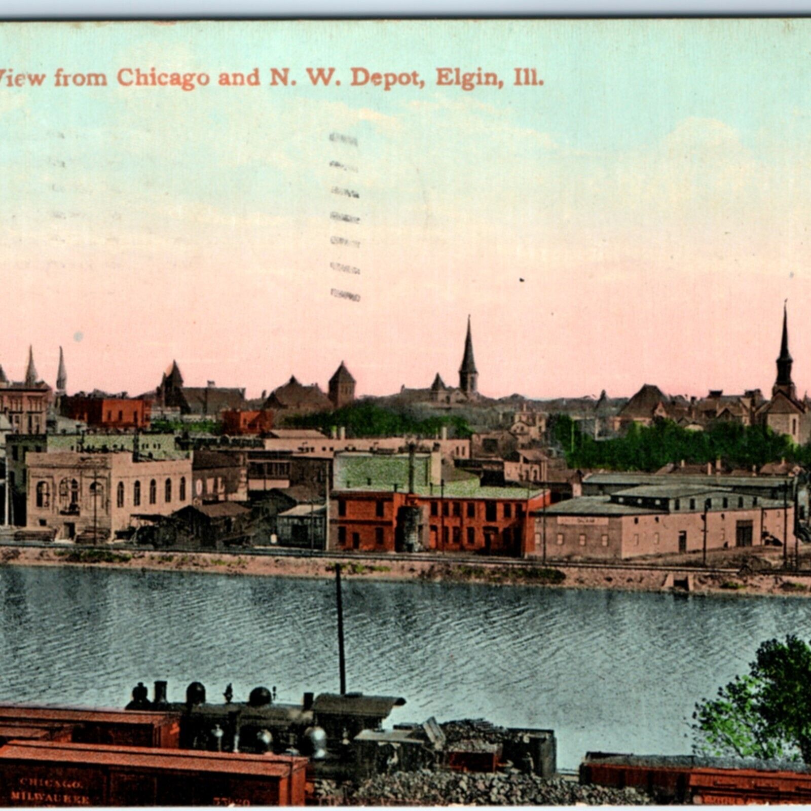 c1910s Elgin, IL Birds Eye from Chicago NW Railway Depot CMStP Boston Maine A157