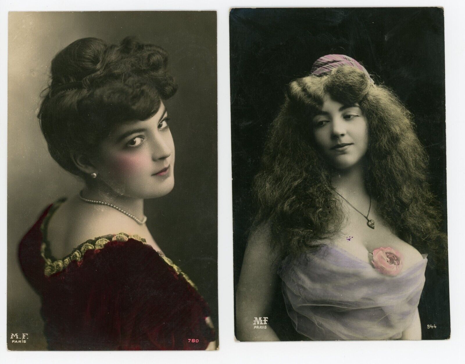 Two  French RPPC Postcards Hand Colored Postcard Belle Epoque 1906 MF Paris
