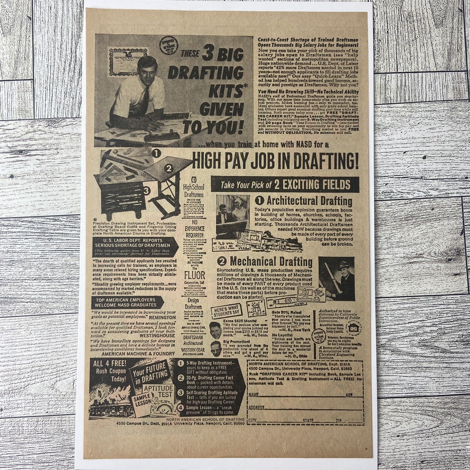 Vintage Print Ad North American School Of Drafting Official Promo Career Kit