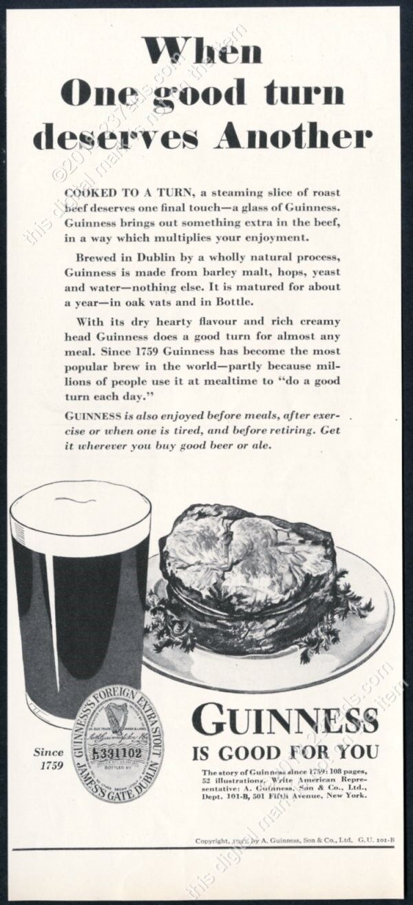 1937 Guinness Stout beer pint glass roast beef art vintage print ad