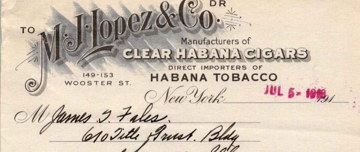 1918 M J Lopez & Co Clear Hbana Cigars Billhead Direct Importers NEW YORK CITY