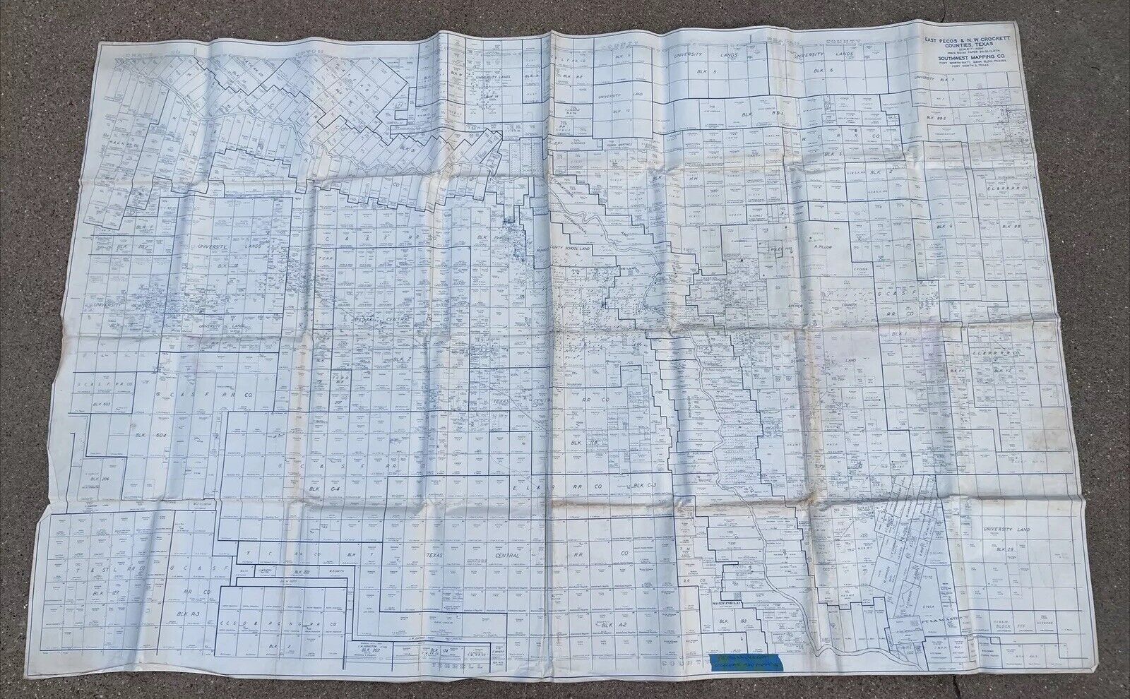 East Pecos & NW Crockett County Texas Cloth Map Southwest Mapping Co Oil Lease