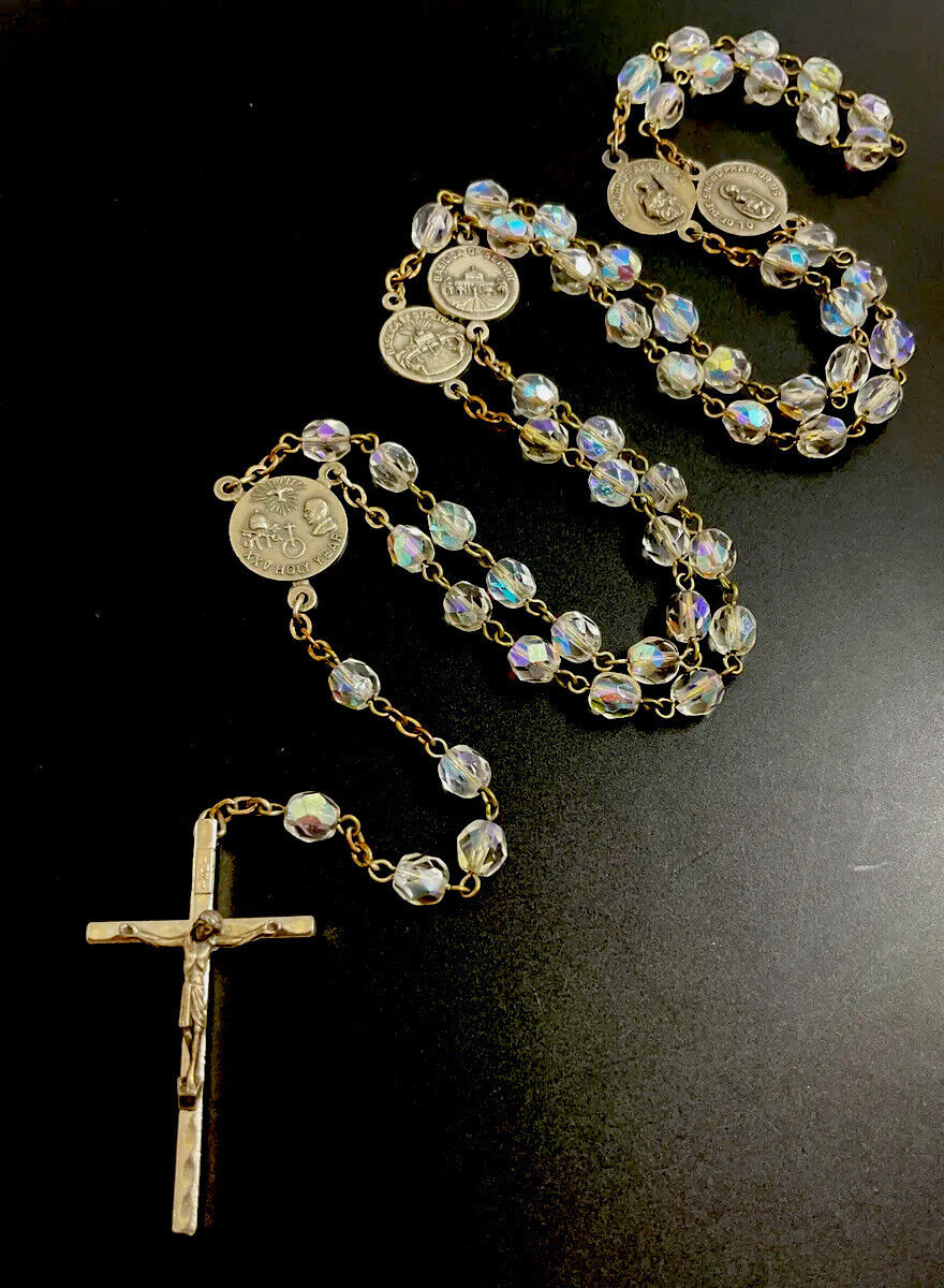 Vintage Catholic Iridescent Crystal 5 Decade Rosary Basilica Medals Italy
