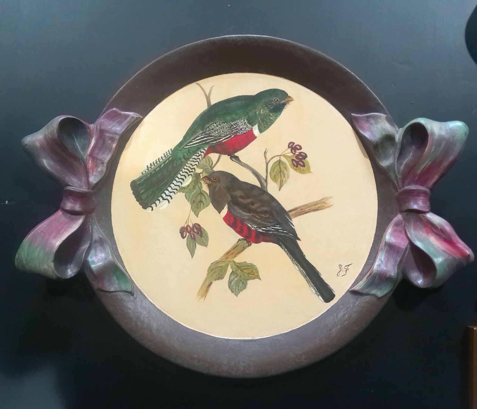 Hand Painted Wooden Tray Folk Art Bird Design Serving or Display Artisan Signed