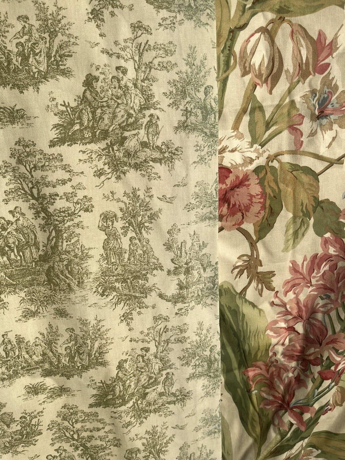 Professionally Sewn Pair Lined  2 Drapes Cream Green Floral Toile 96x52