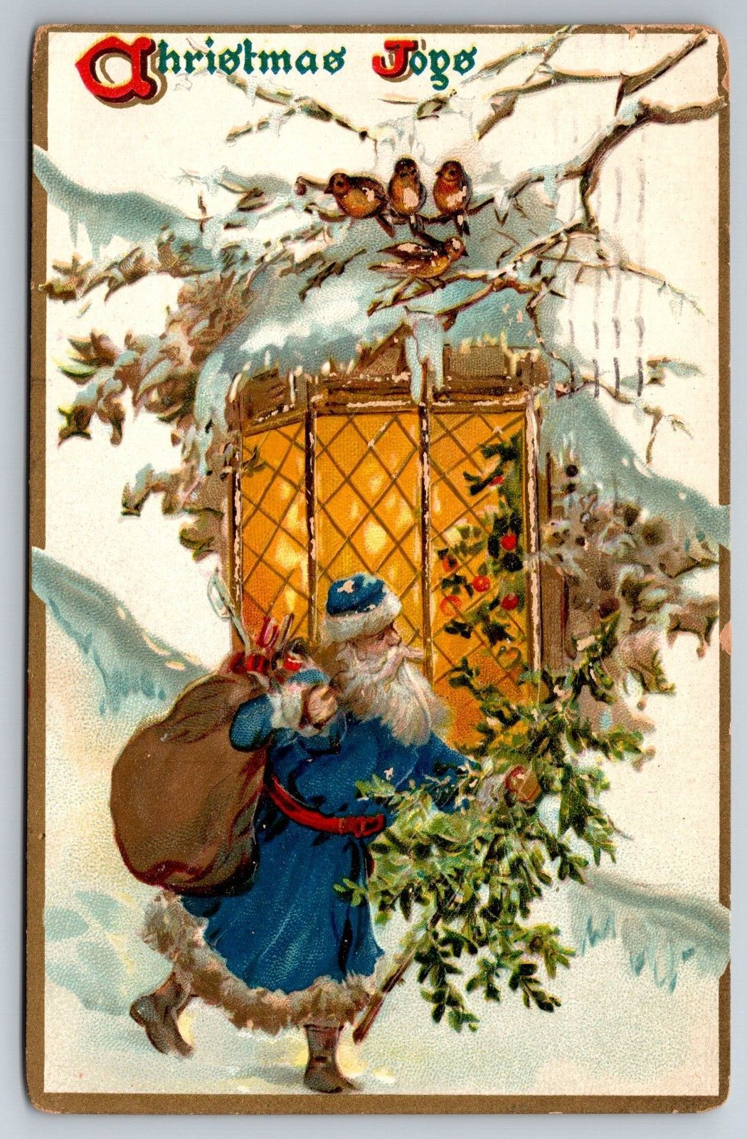 Vintage Postcard Christmas Santa Claus Blue Robe Joy Tree Bag Toys Raphael Tuck