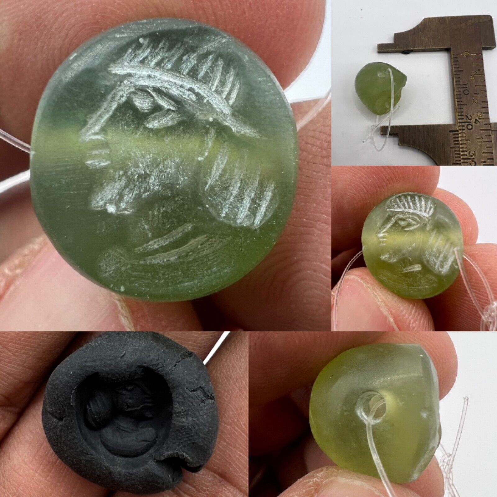 Natural Nephrite Jade Roman Greek Intaglio Seal Stamp Bead