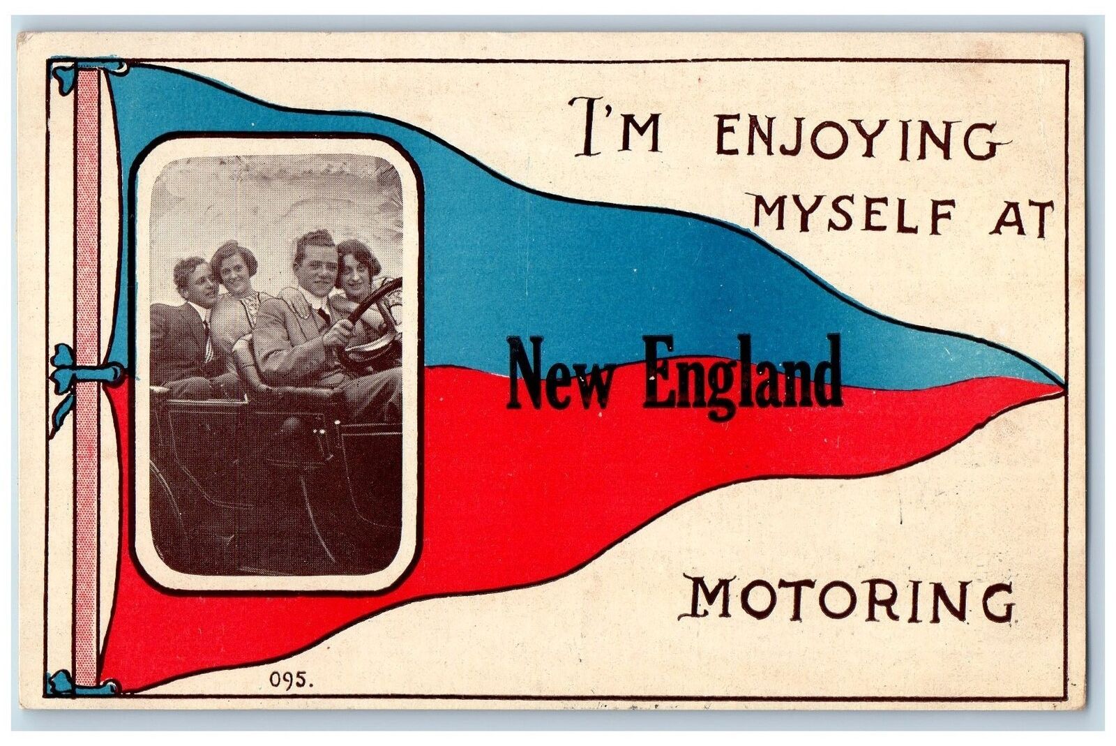 New England North Dakota ND Postcard I\'m Enjoying Myself Motoring 1920 Pennant