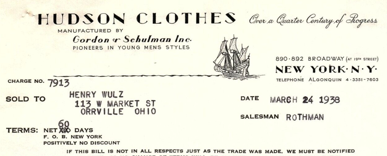 1938 HUDSON CLOTHES GORDON AND SCHULMAN N.Y. YOUNG MEN\'S  BILLHEAD INVOICE Z503