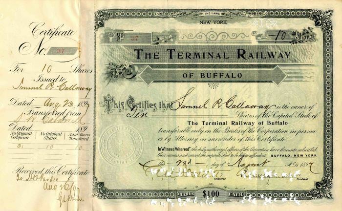 Terminal Railway of Buffalo Signed by Chauncey M. Depew - Stock Certificate - Au