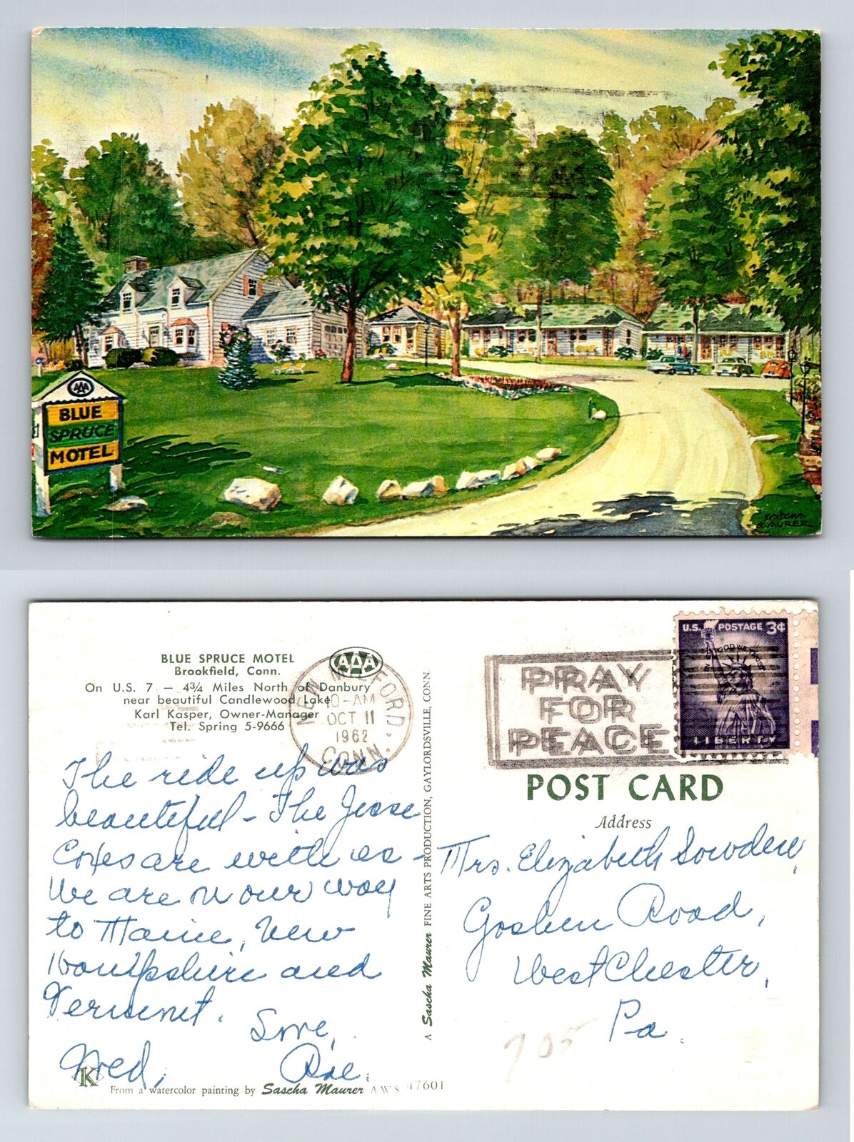 Blue Spruce Motel Brookfield CT Maurer Postcard 1962 Chrome Koppel
