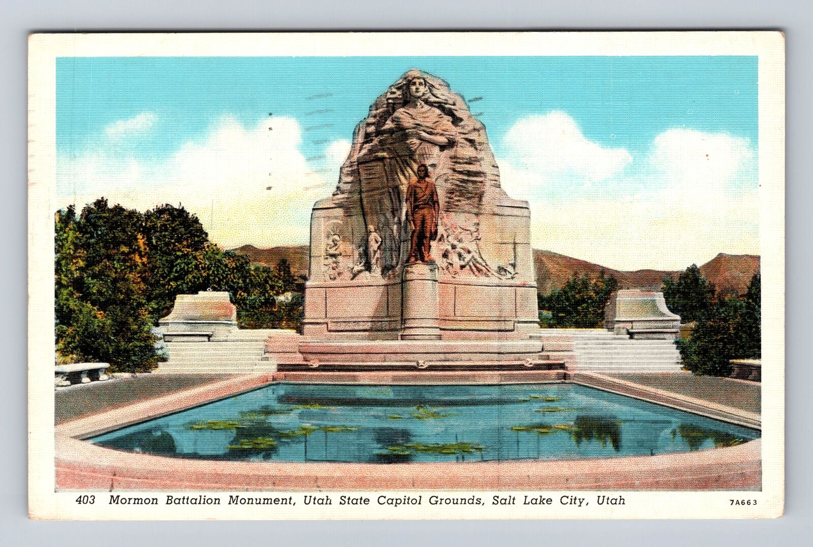 Salt Lake City UT-Utah, Mormon Battalion Monument, Vintage c1939 Postcard