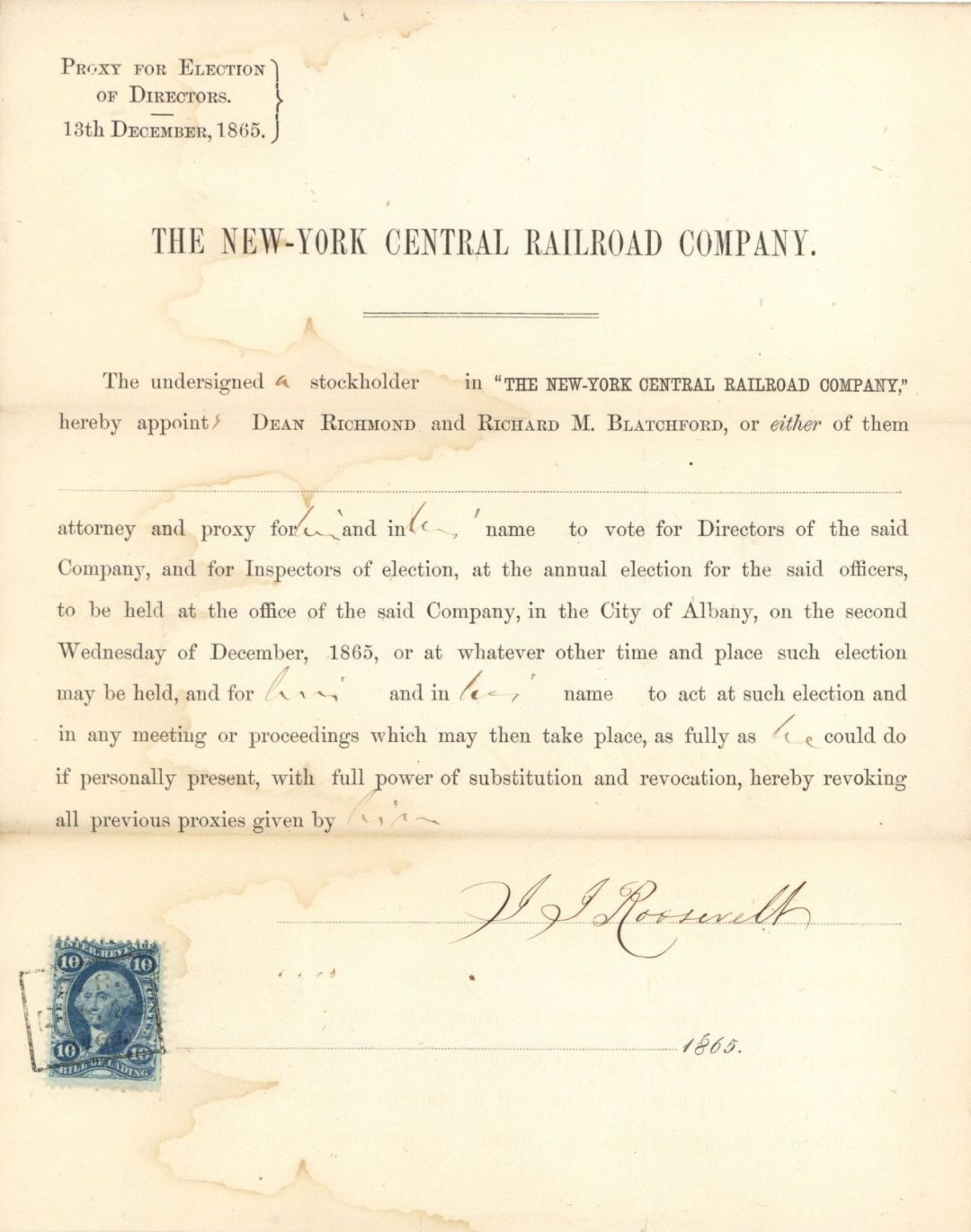 1865 New-York Central Railroad Co. signed by J.J. Roosevelt - Autographs - Autog