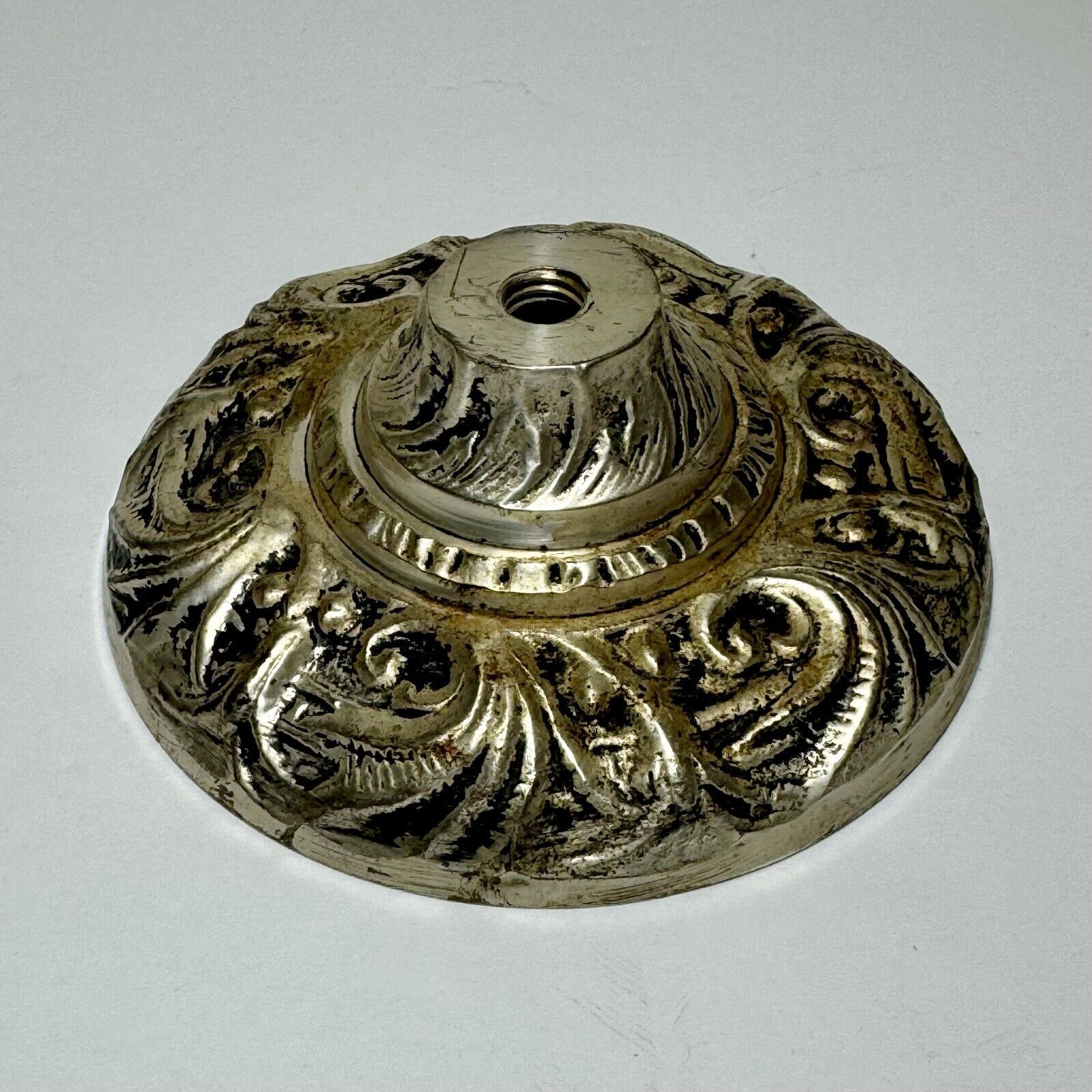 Vintage Silver Tone Ornate Cast Brass Ceiling Light Canopy