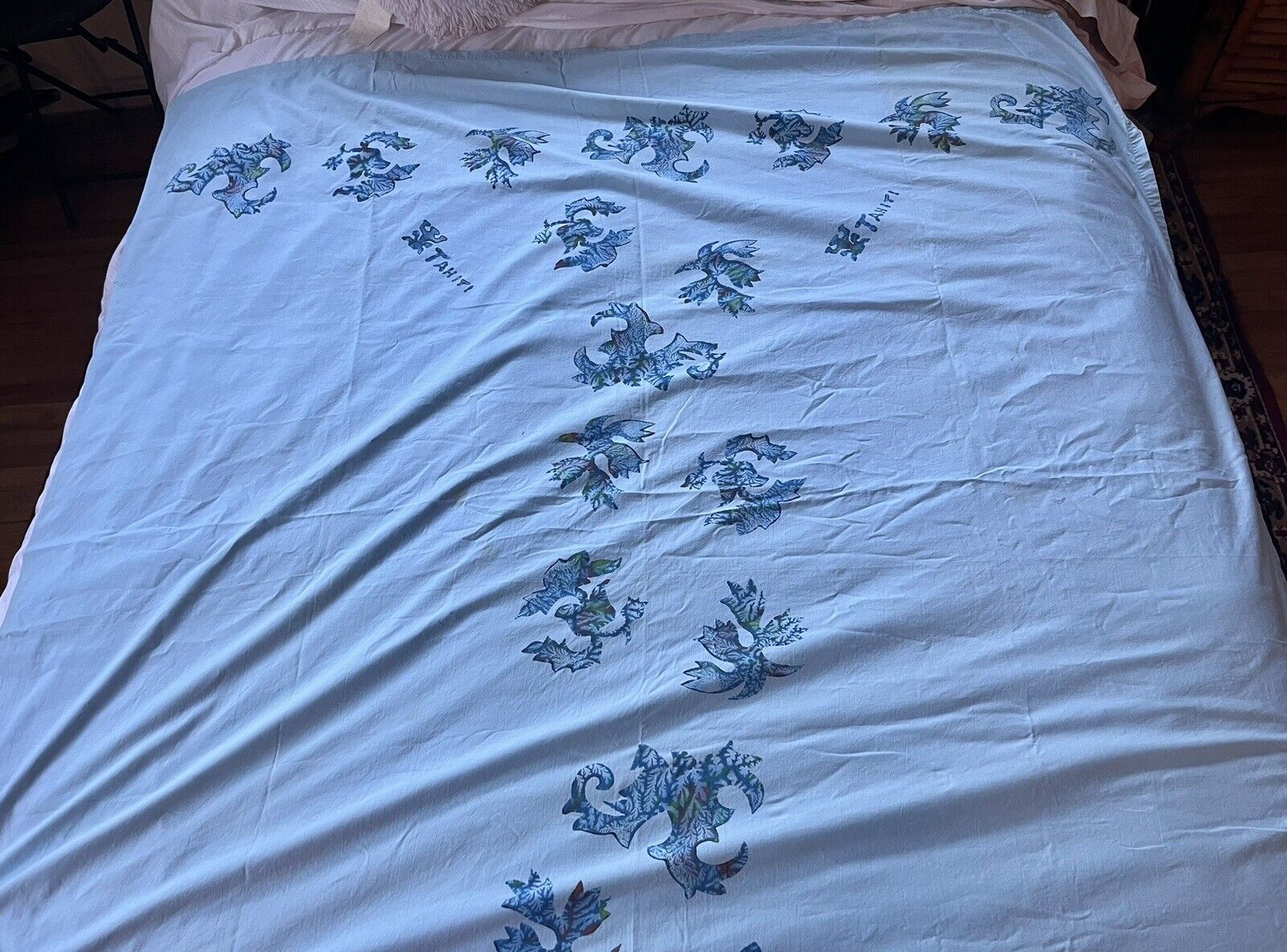 VTG 1960’s Blue Tahiti Fabric Tablecloth Cotton 64”X 76”