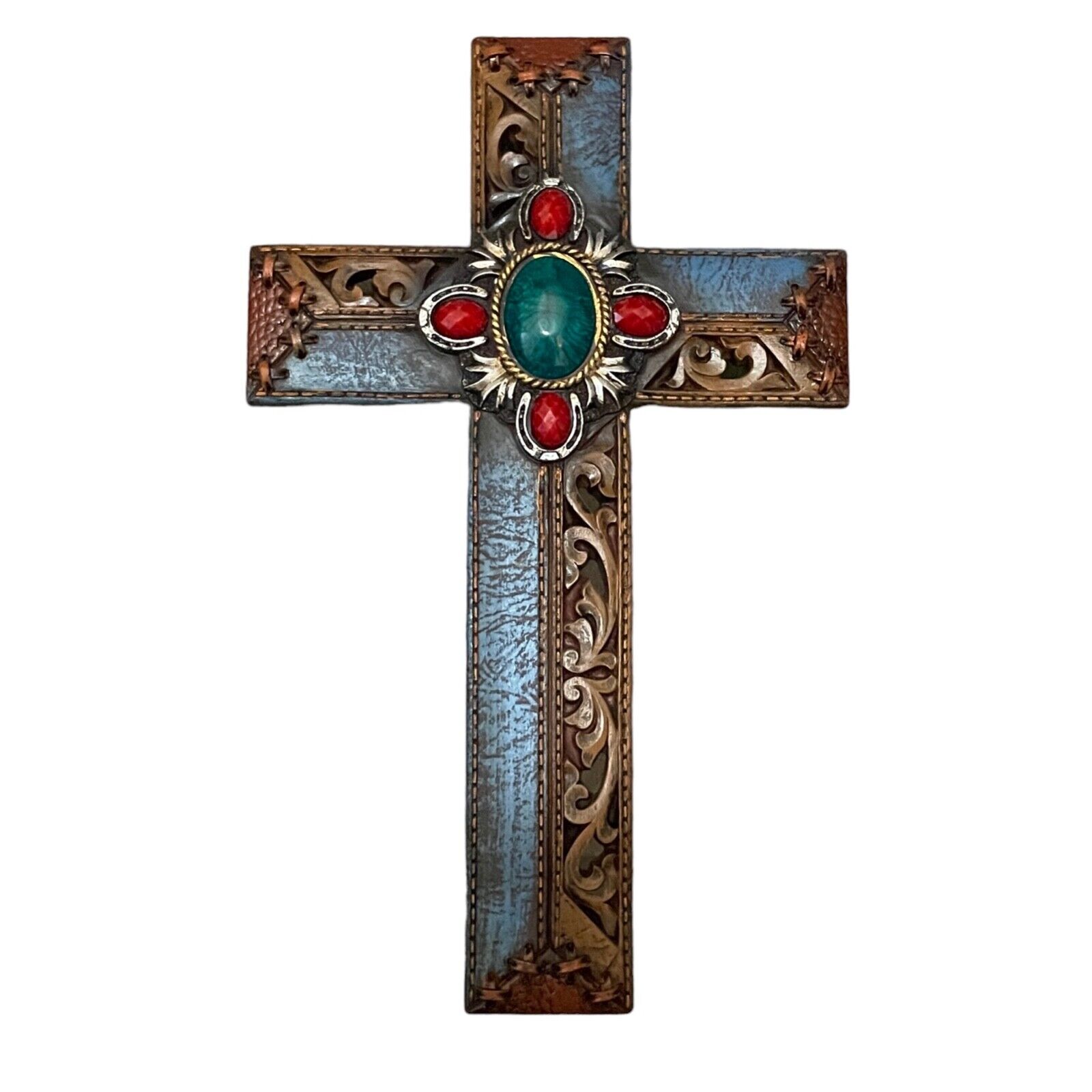 Rustic Western Tuscany Scrollwork Turquoise Amber Gems Wall Cross