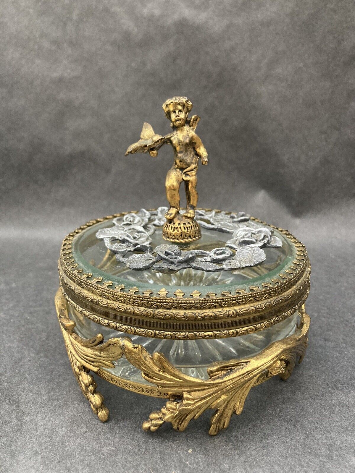 Vintage Cherub Brass And Crystal Powder Box