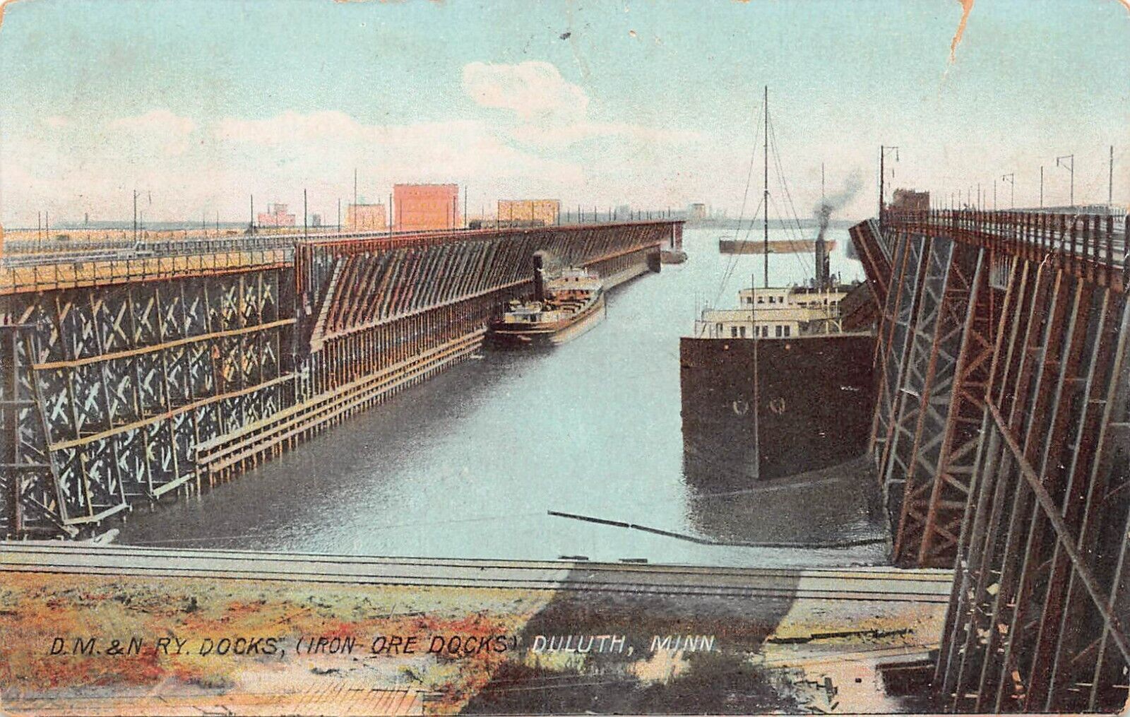 Duluth MN Minnesota Harbor Mesaba Iron Ore Railroad Docks Ships Vtg Postcard B20