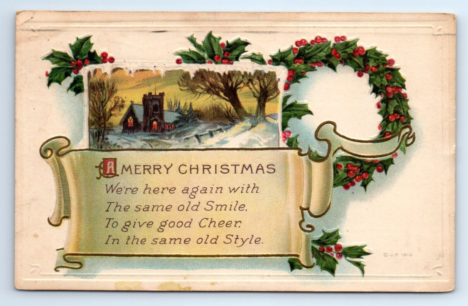 Merry Christmas Holly Wreath House Church Winter Embossed Postcard Posted 1917