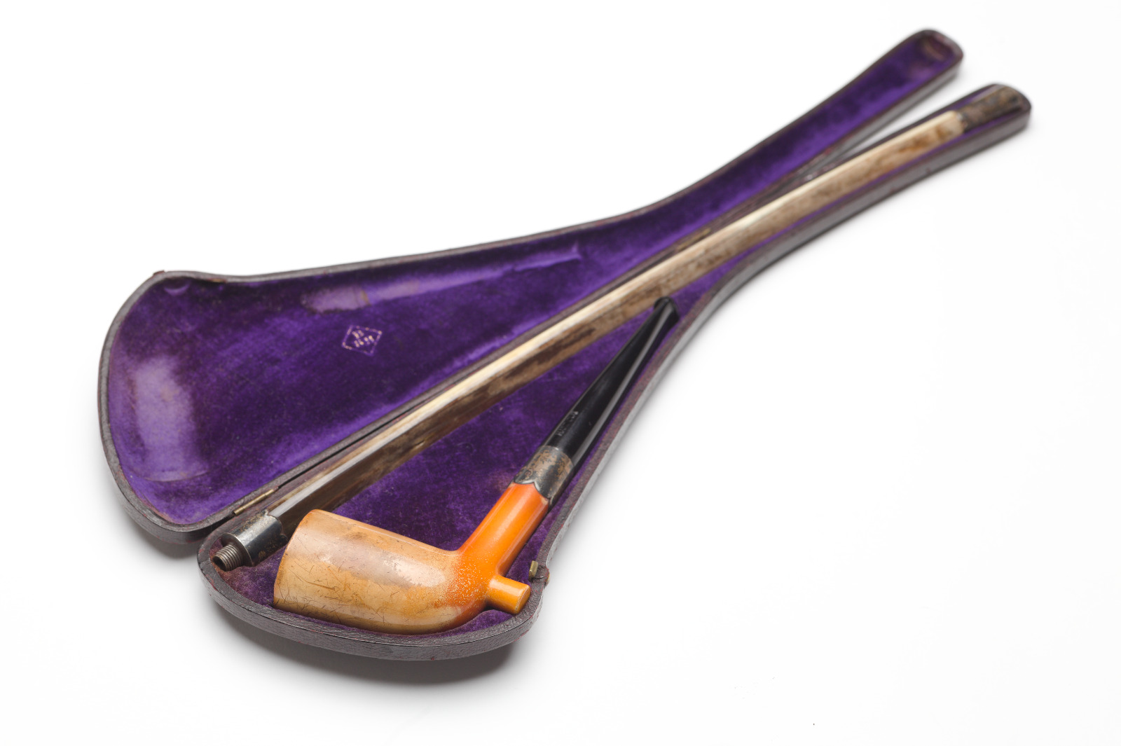 English Meerschaum Pipe w. Sterling Silver Mounts and Albatross Bone Ext., 1885