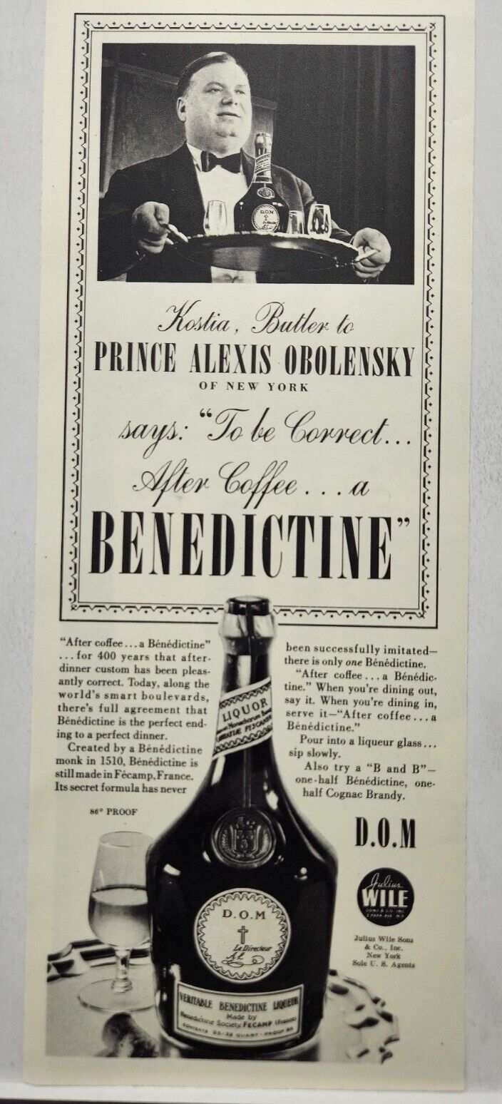 1937 DOM Benedictine Prince Alexis Obolensky Print Ad Poster Man Cave Art Deco