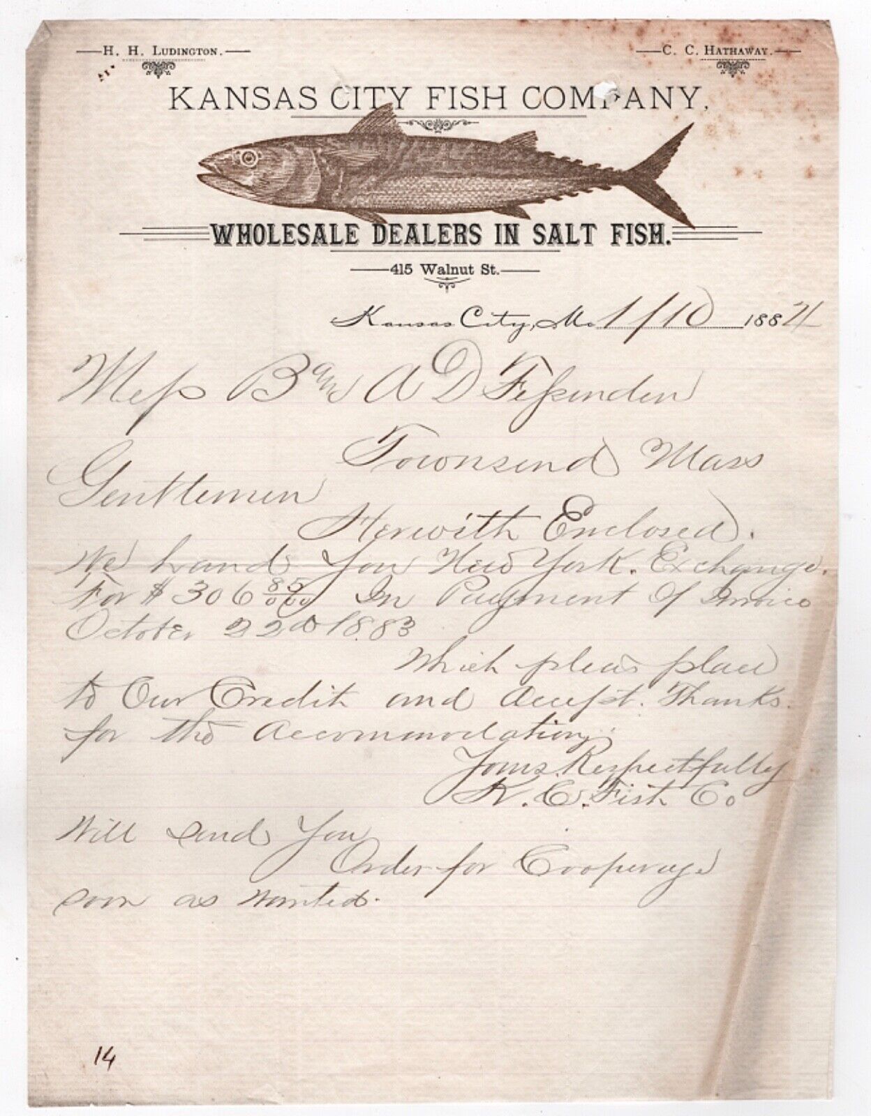 1887 EARLY KANSAS CITY FISH CO LETTERHEAD SALT FISH WALNUT SR KANSAS CITY MO