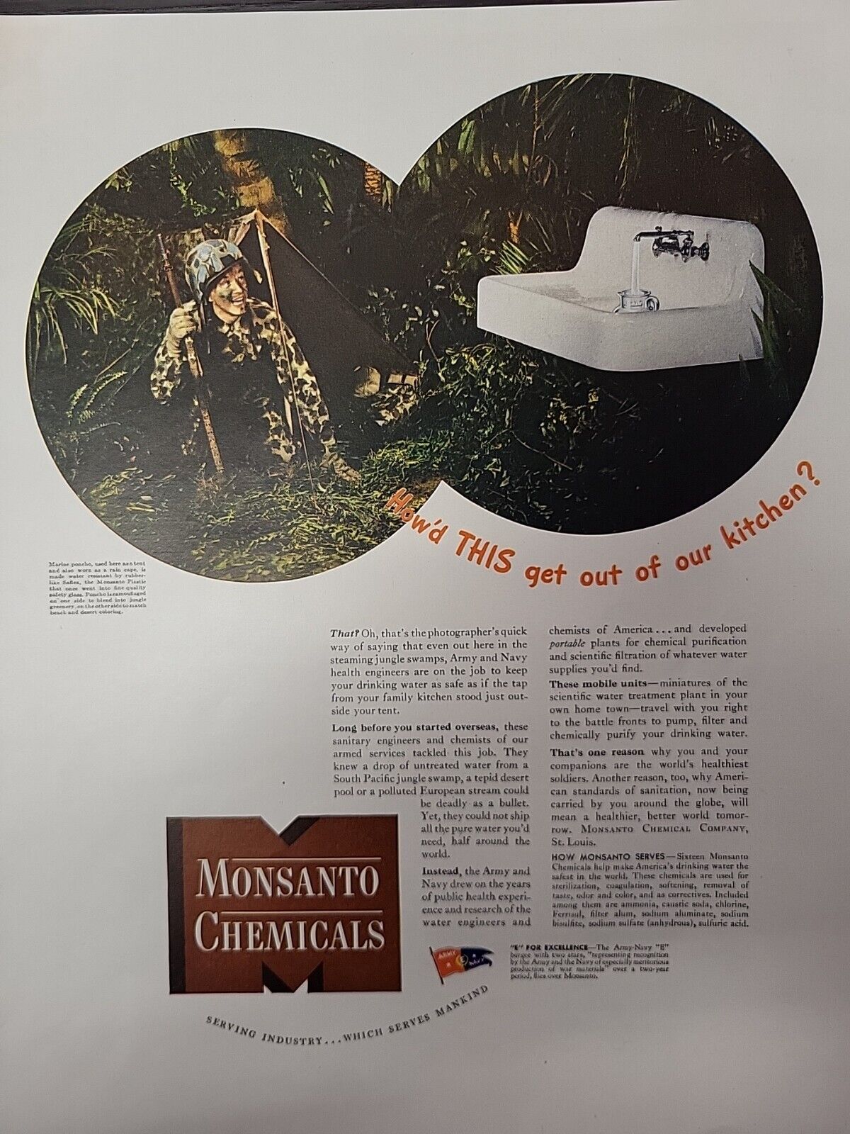 Monsanto Chemicals 1943 Fortune Magazine WW2 Print Ad Kitchen Sink Jungle ARMY