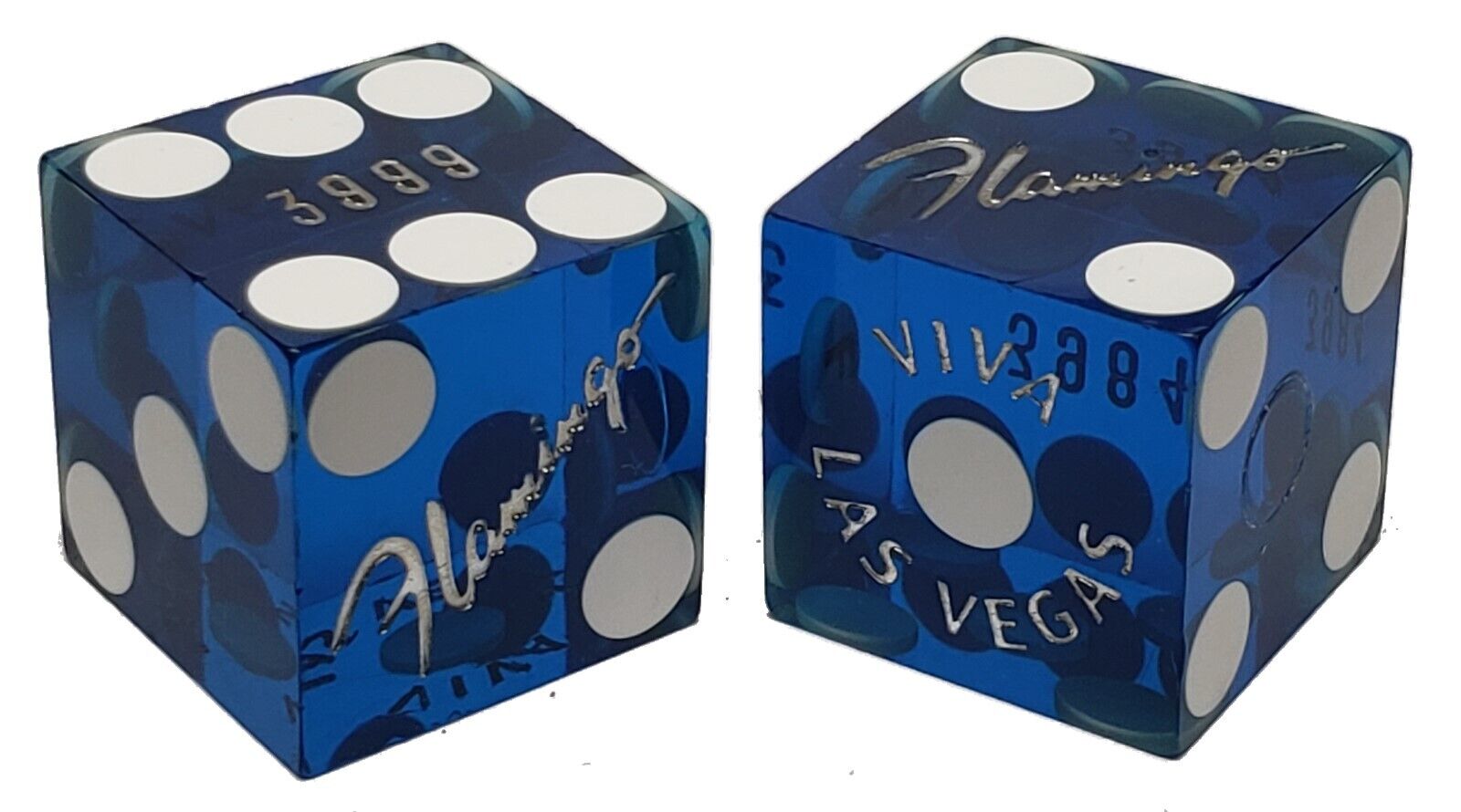 Authentic Flamingo Las Vegas Casino Craps Dice Blue Polished Matching Serial #s