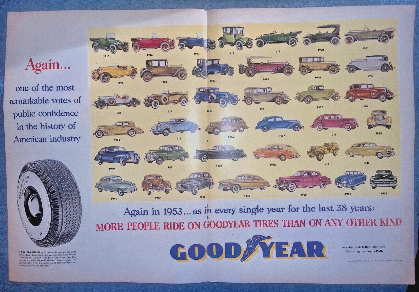 1953 Goodyear Tires Vintage Color Center-Spread Uncut Ad \