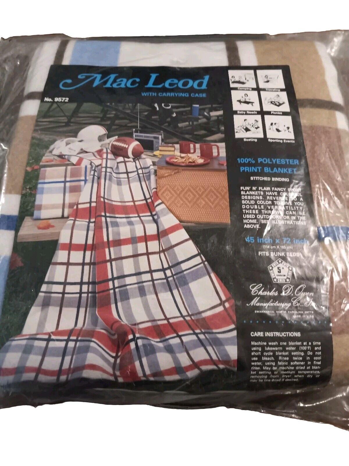NOS Vintage Mac Leod Plaid Blanket Charles D Owen 45 x 72 Blue White Brown