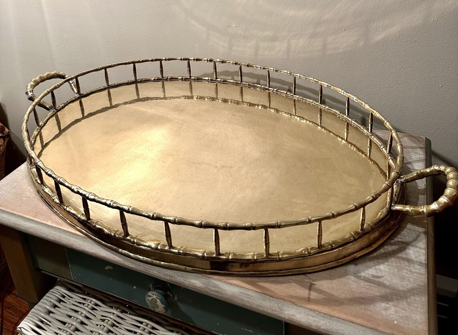 RARE XL SIZE Hollywood Regency Midcentury Faux Bamboo Brass Oval Tray 28