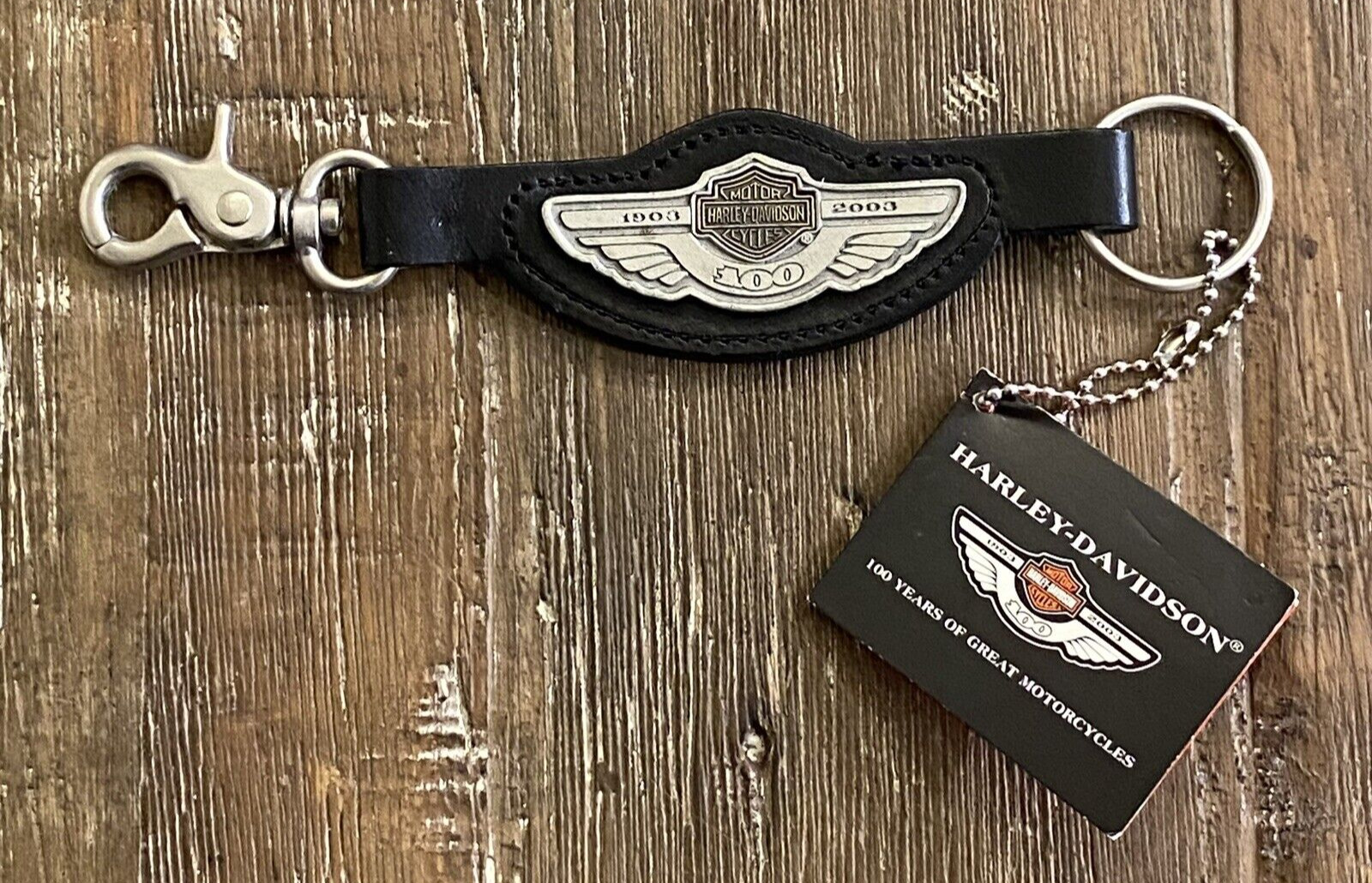Vintage NOS Harley-Davidson 100th Anniversary Fob Leather Keychain Pewter 2003