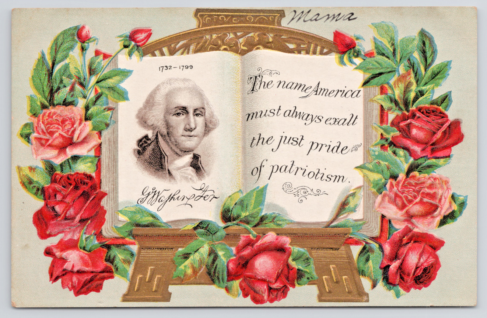 Antique Patriotic Postcard George Washington Memorial Poem Red Roses Book Easel