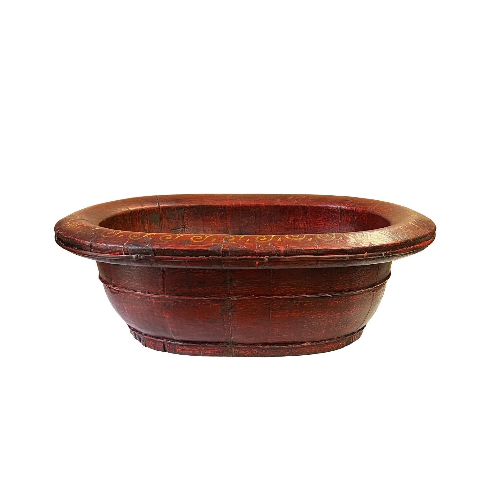 Chinese Vintage Distressed Brick Red Flower Oval Shape Wood Bucket ws3118