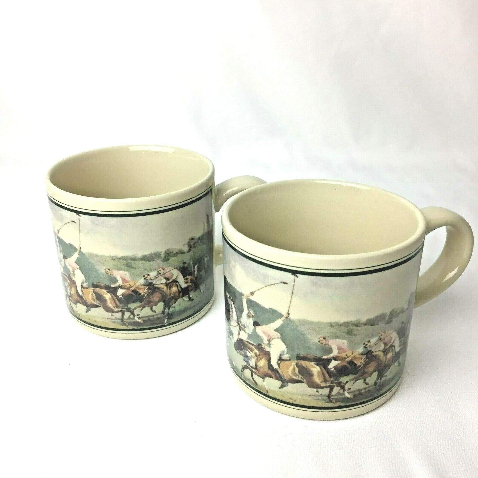 2 Vintage New Old Stock Mugs Polo Game Depicted 18th Century Signed Japan