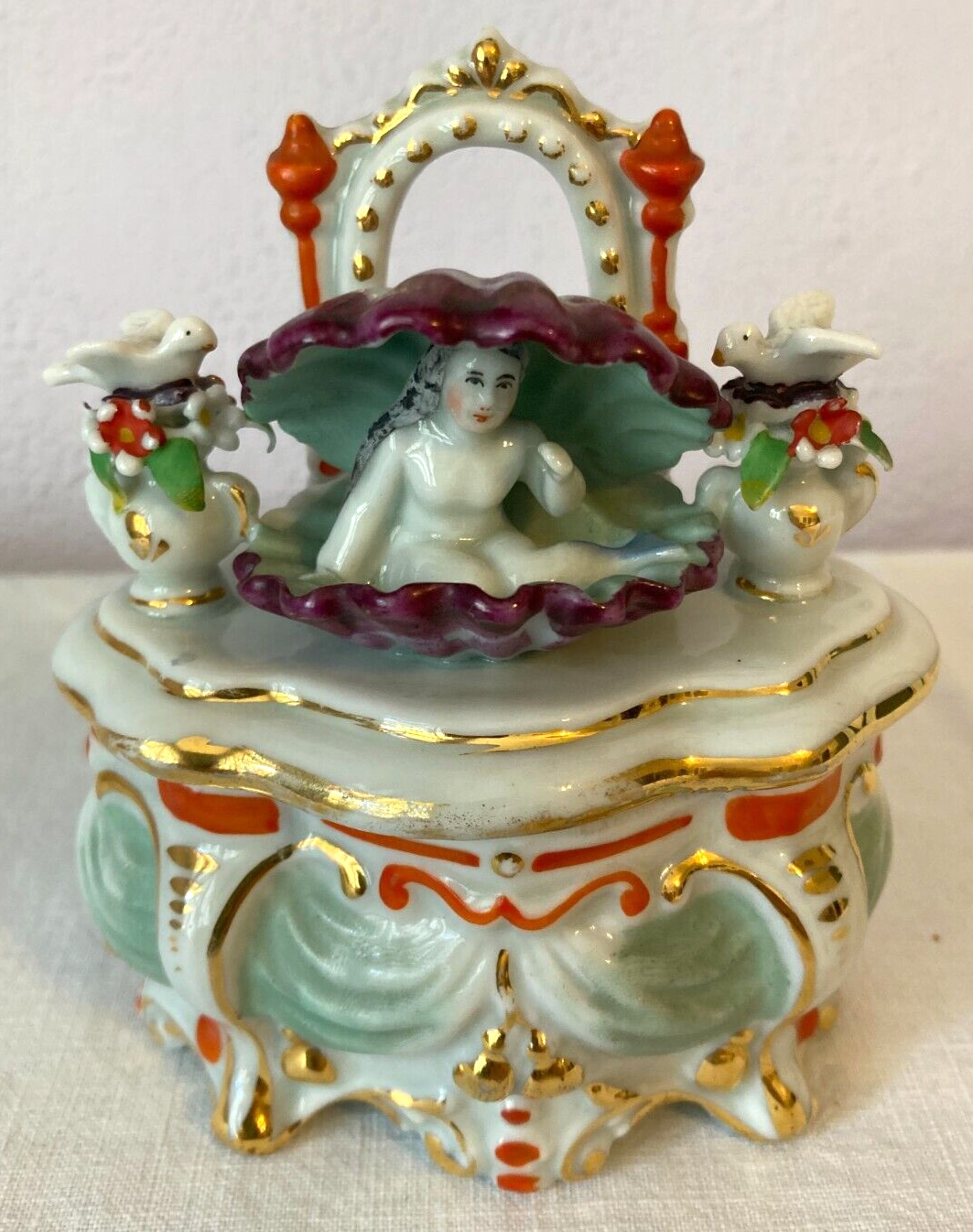 Victorian 1880s Conta & Boehme Porcelain Fairing Trinket Box Mermaid in Shell
