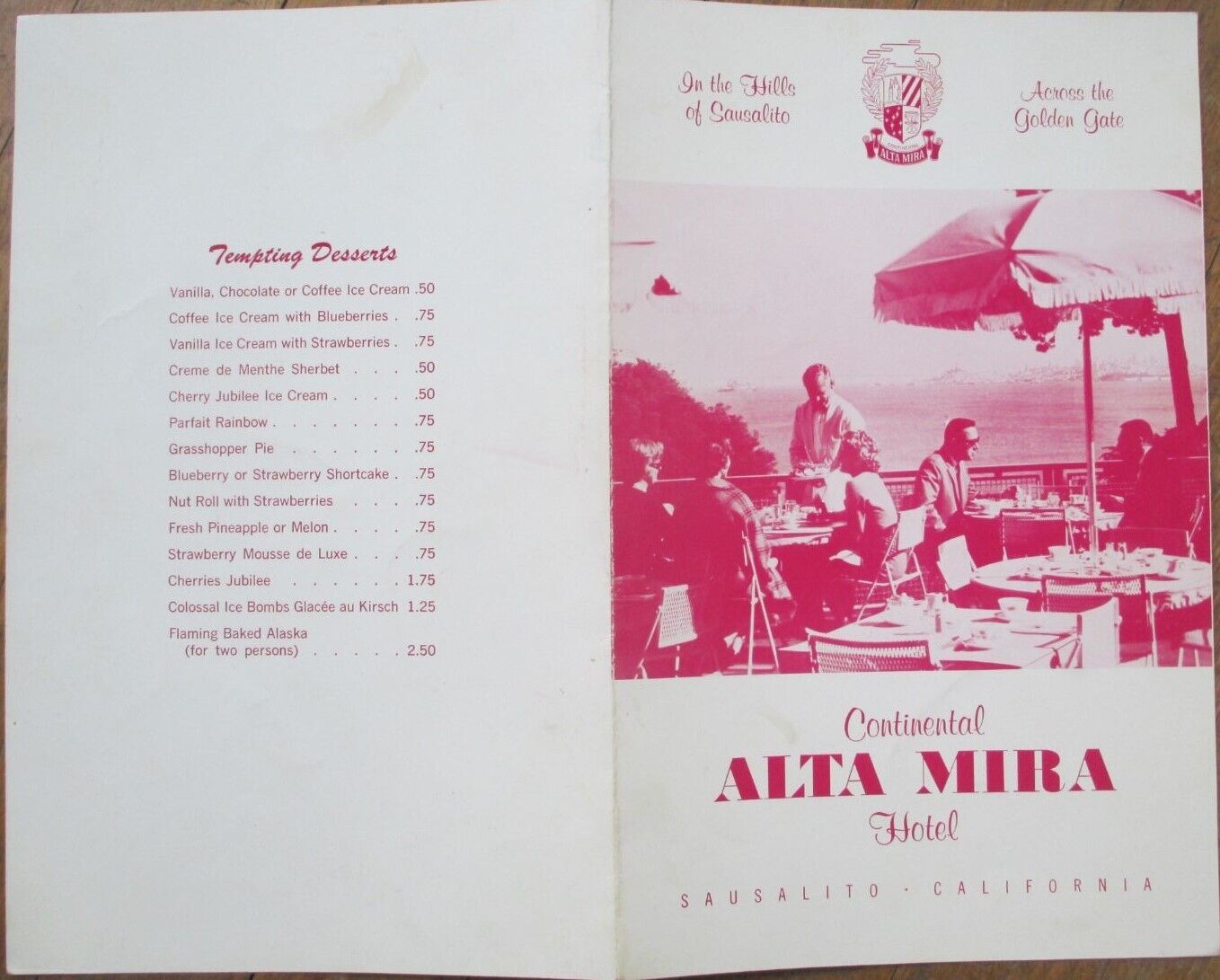 Sausalito, CA 1960s Restaurant Menu, Continental Alta Mira Hotel, California