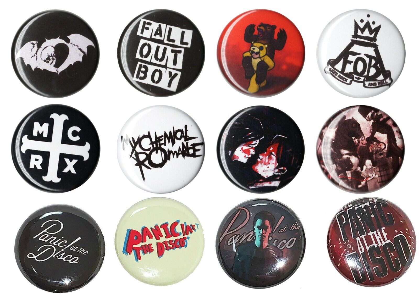 Panic at the Disco / MCR /  Fall out Boy - 12pcs Button Set - 1 inch - Emo Punk