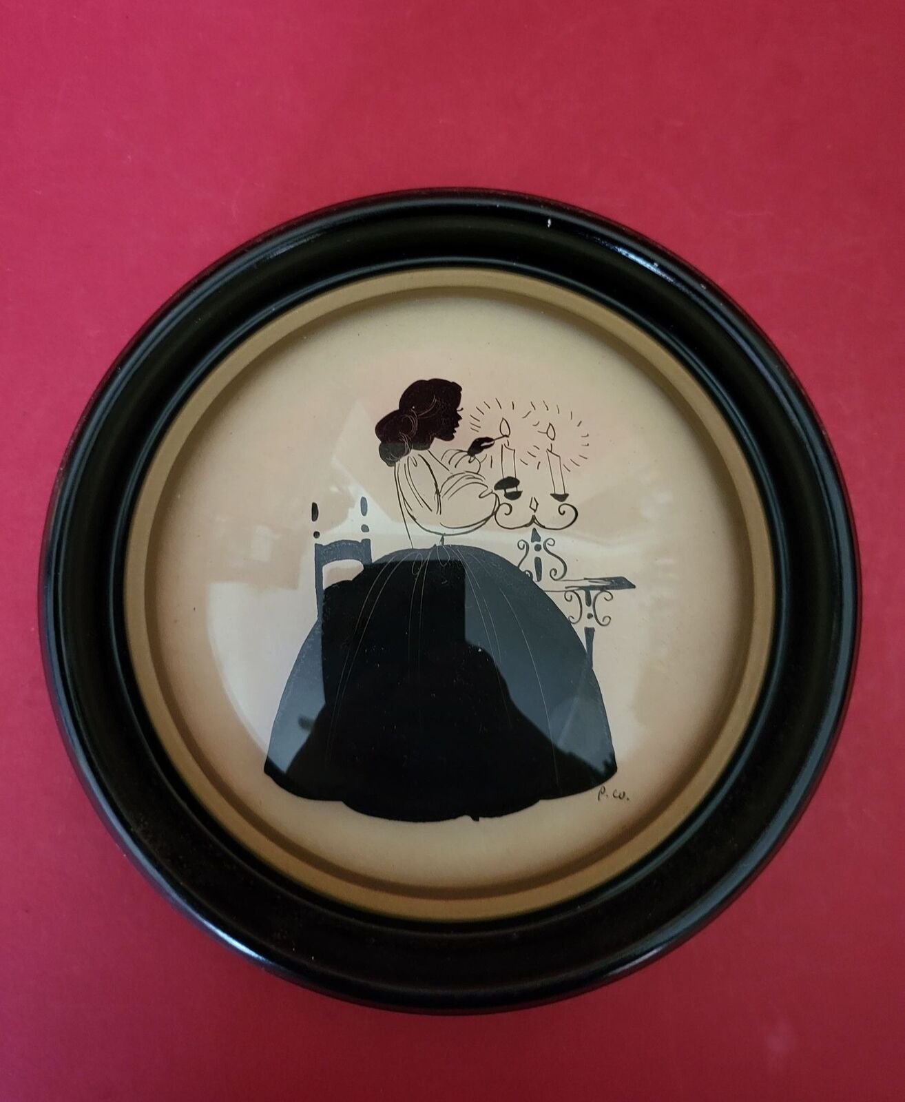 VTG Reverse Silhouette on Glass Woman Round Peter Watson Studio Hand Painted
