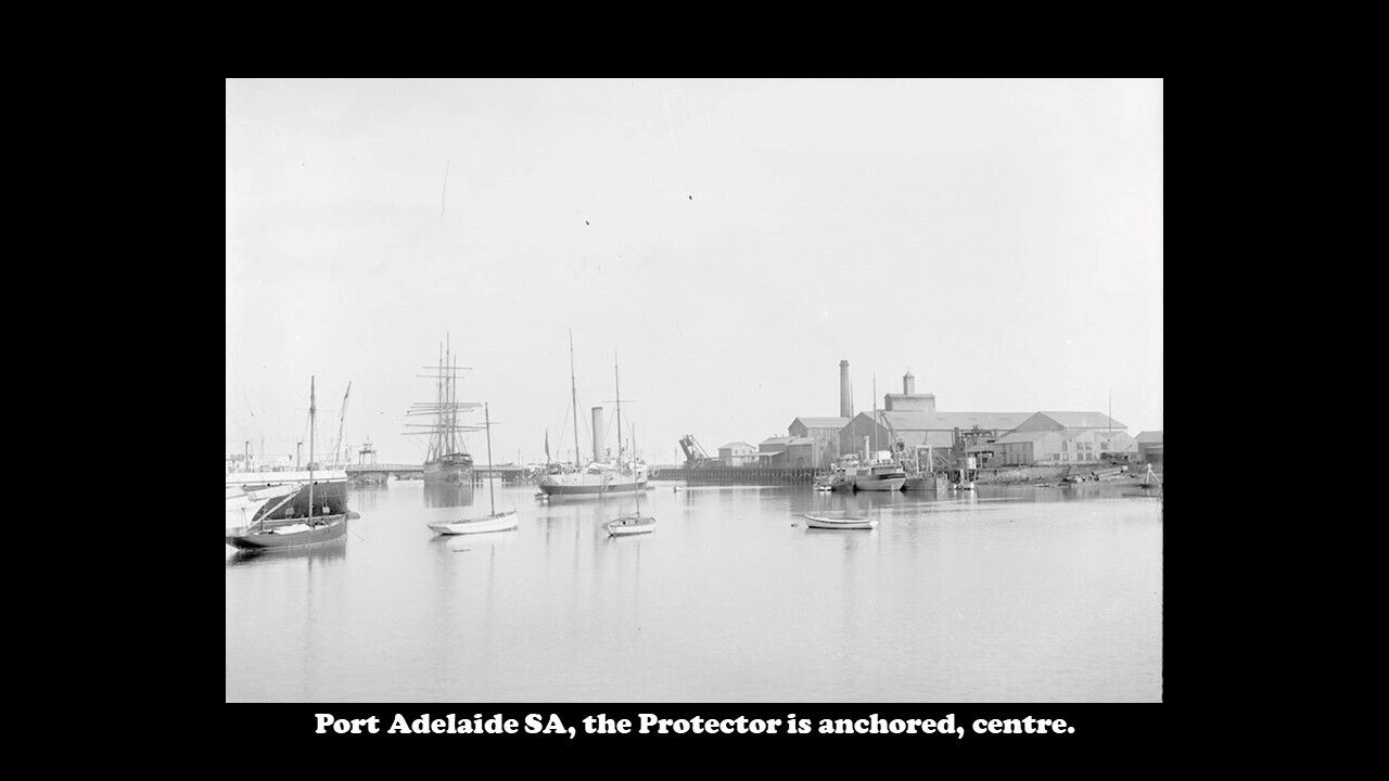 Port Adelaide SA the Protector is anchored centre Postcard