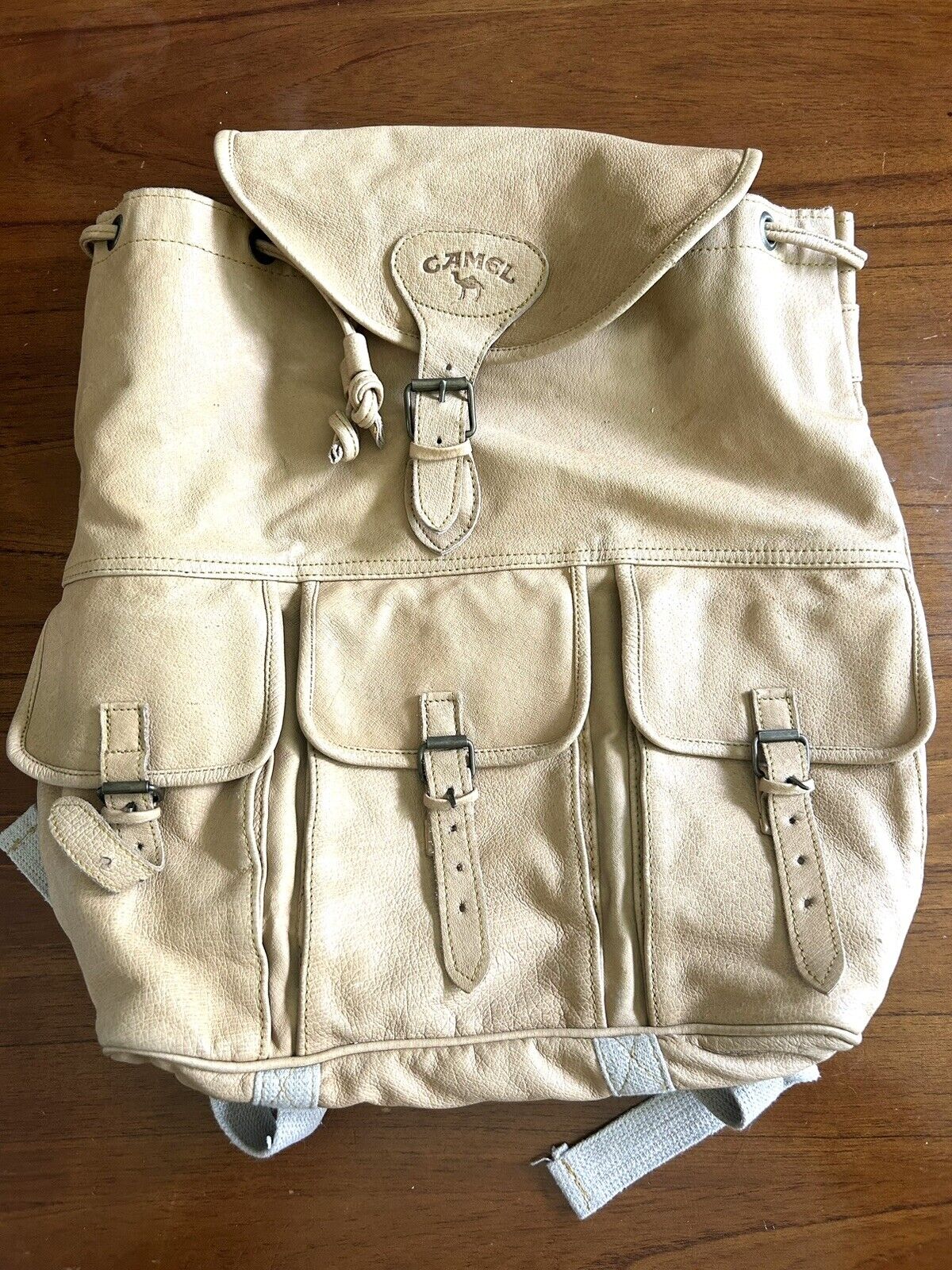 Camel Cigarettes Tan Leather Vintage Backpack with Drawstring Top