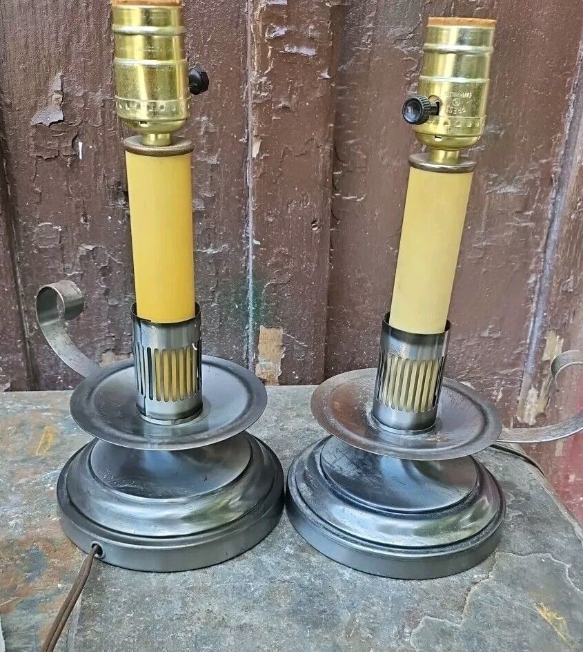 TRUE VTG Metal Chamber Handled Candlestick Accent Lamps PAIR 11x7