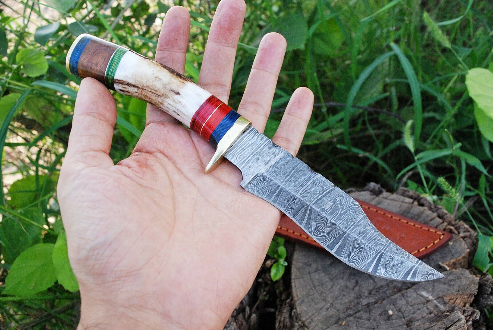 DAMASCUS SHARP BLADE HUNTING TRACKER CAMPING KNIFE BOWIE ELK STAG SHEATH