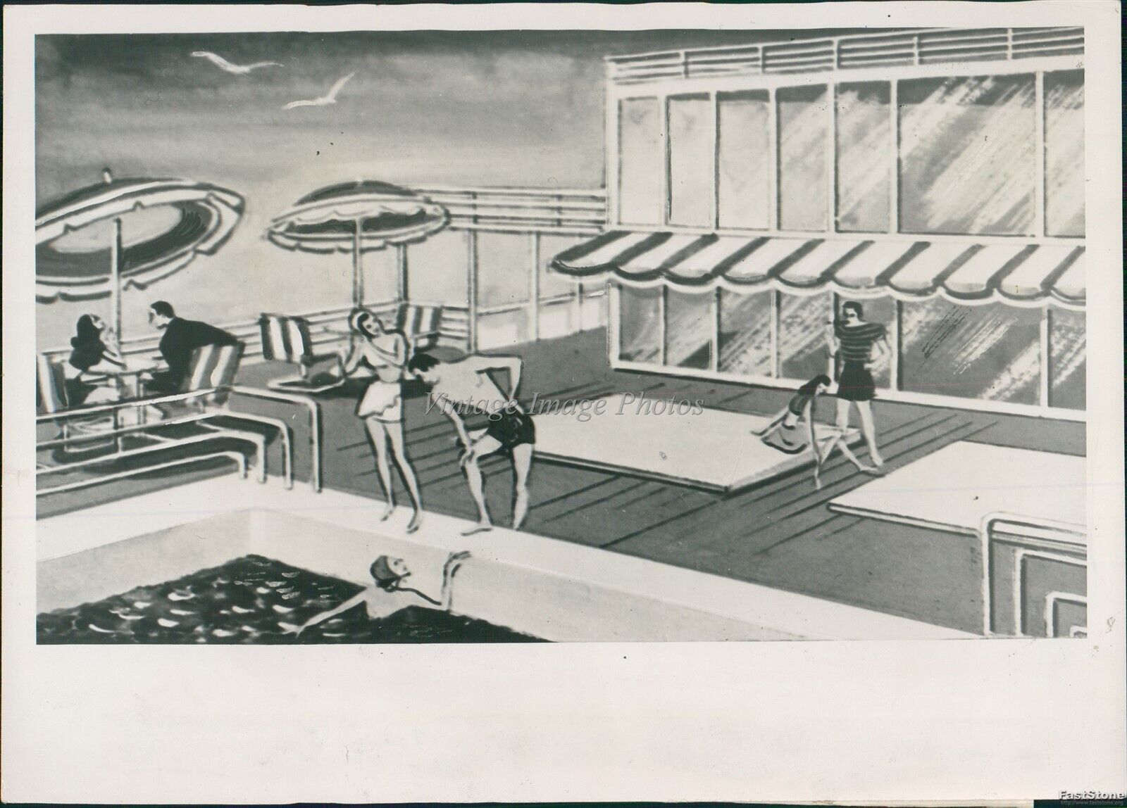 1946 Artists Depiction Of Modified C-3P Type Luxury Liner Deck Travel Photo 8X10